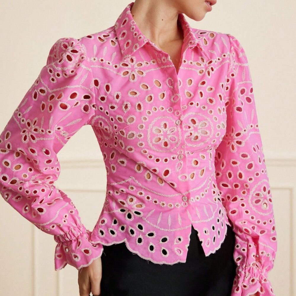 Pink Elegant Women's Perforated Blouse with Embroidery Collar Ruffle Hem